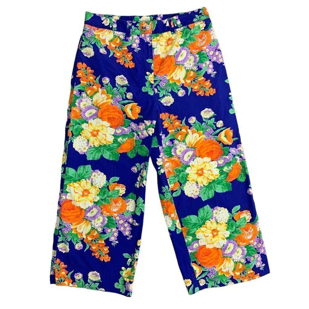 Vintage Lauren Ralph Lauren Capri Pants 8 Blue Floral Wide Leg Button Zip Pocket